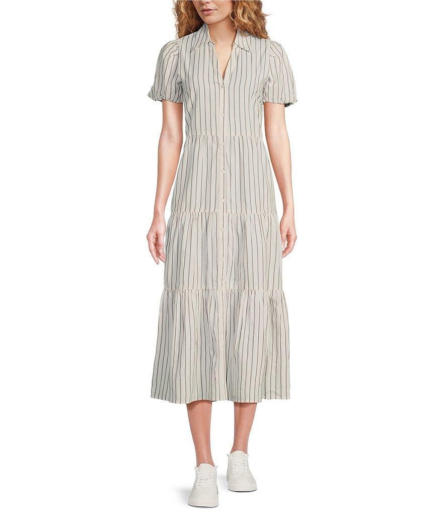 ELAN Poplin V-Neck Button Down Short Sleeve Midi Dress Product Image