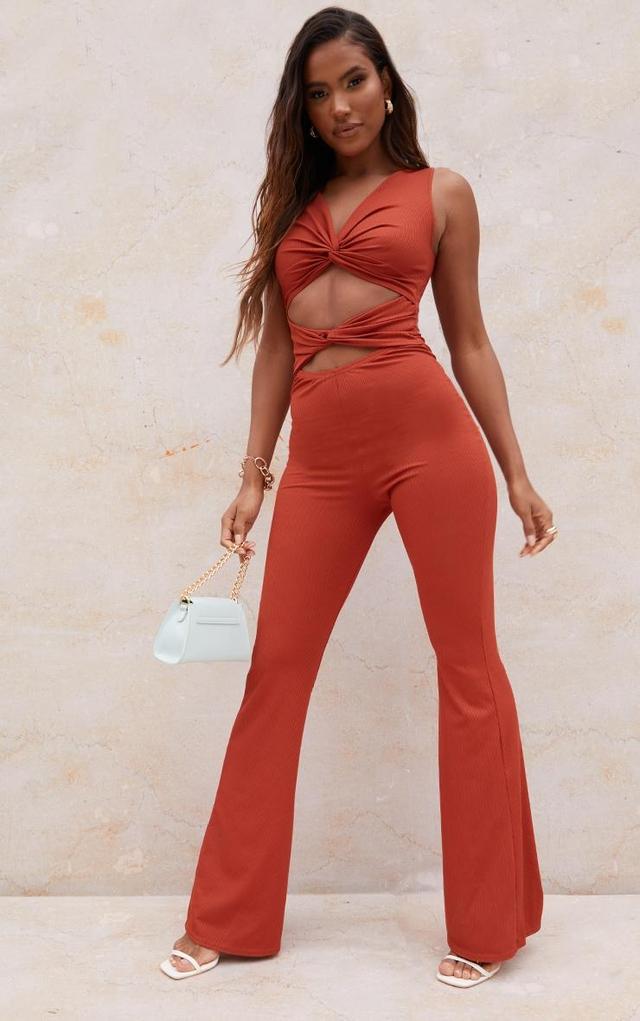 Rust Rib Twist Detail Plunge Flared Jumpsuit Product Image