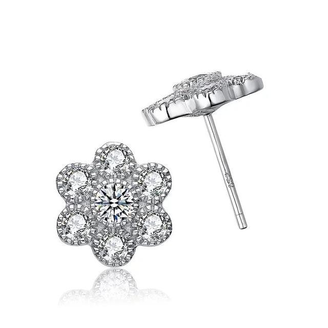 Sterling Silver Cubic Zirconia Flower Stud Earrings, Womens Product Image