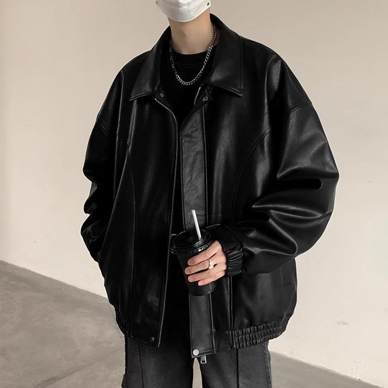 Plain Faux Leather Zip Jacket Product Image