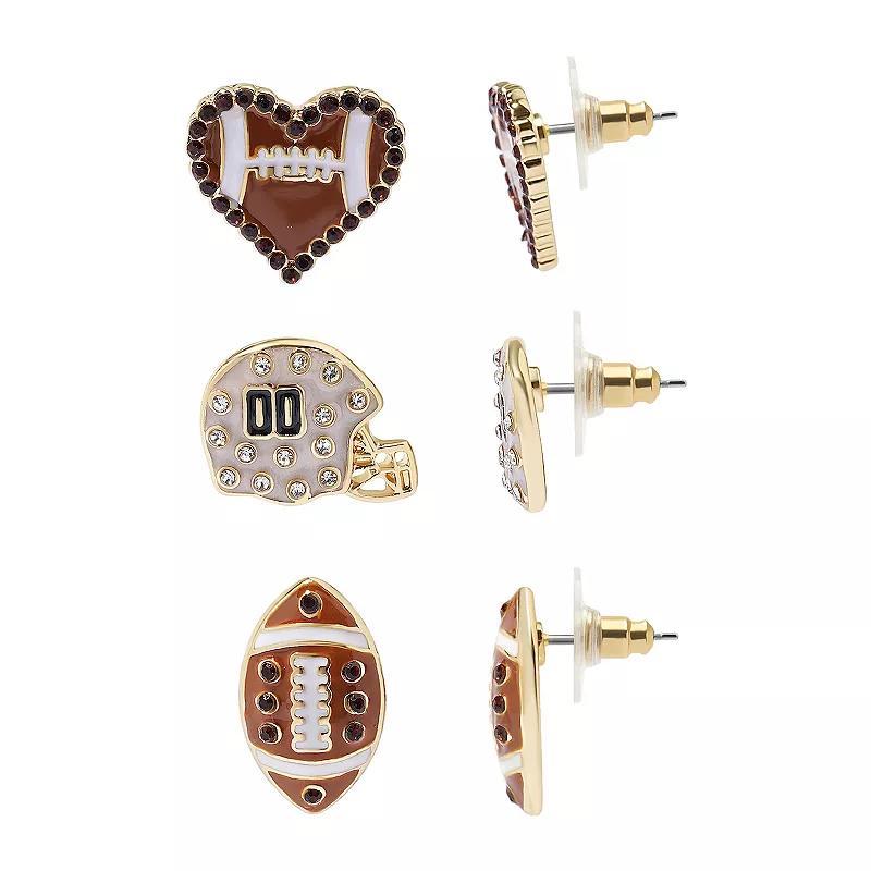 Celebrate Together Gold Tone Crystal Football, Heart, & Helmet Stud Earrings Trio, Womens, Brown Product Image