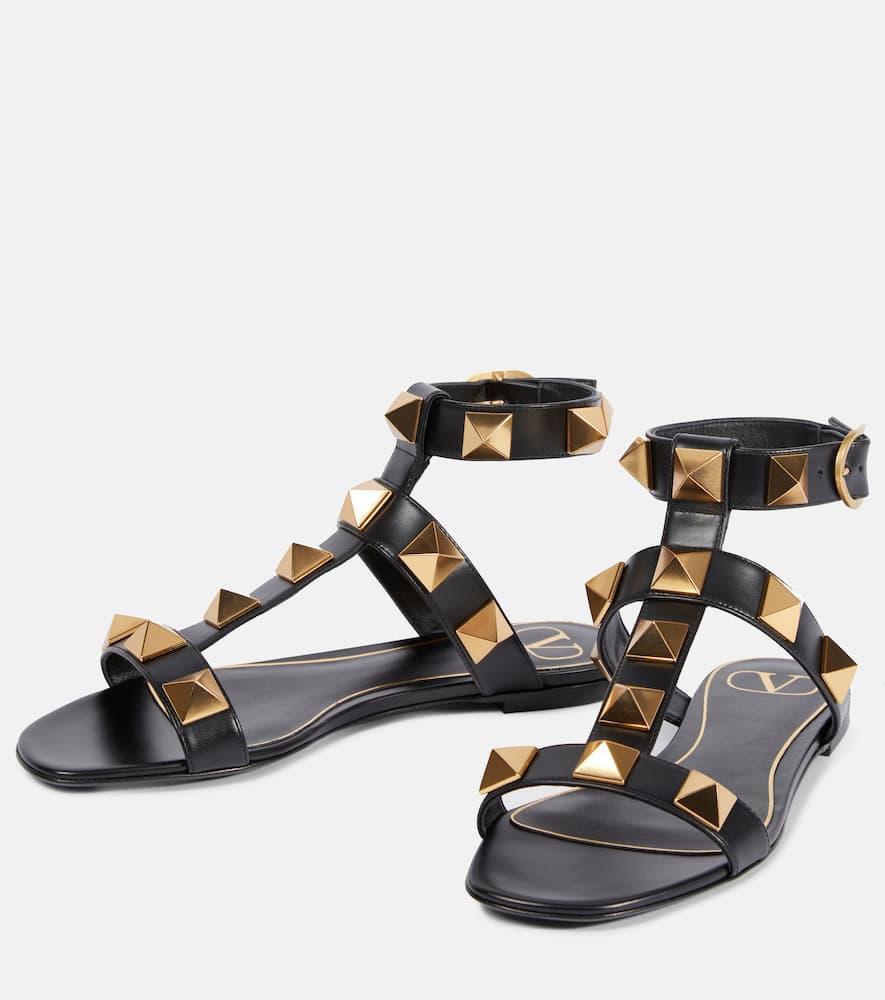 Roman Stud Flat Calfskin Sandal Woman Black 36 In Nero Product Image