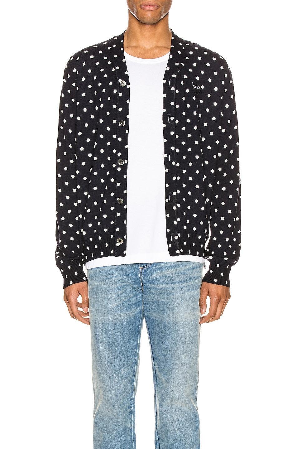 COMME des GARCONS PLAY Dot Print Wool Cardigan with Black Emblem in Black,Polka Dots Product Image