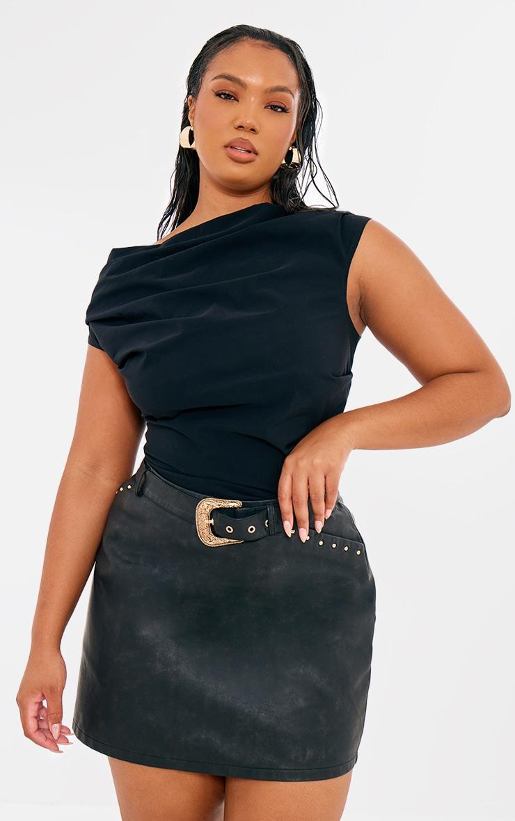 Plus Black Faux Leather Belted Stud Detail Mini Skirt Product Image