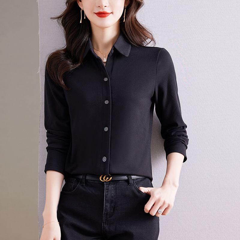 Long-Sleeve Velvet Plain Shirt Product Image