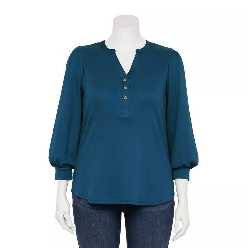 Plus Size LC Lauren Conrad Three-Quarter Sleeve Henley Top, Womens Submarine Blue Product Image