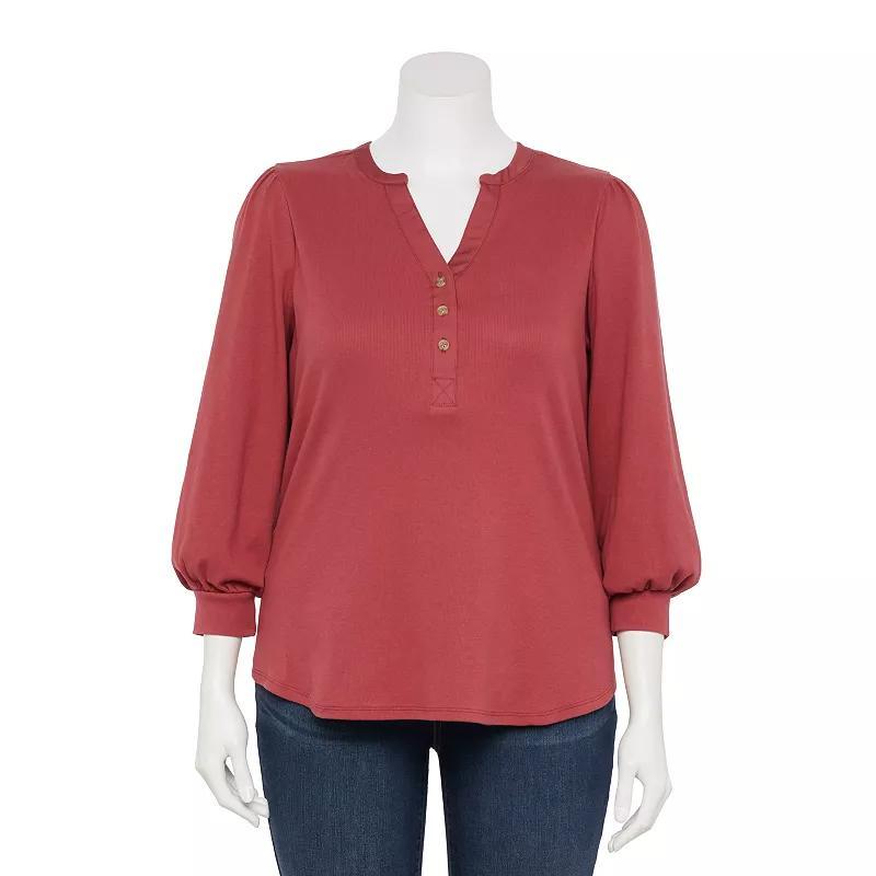 Plus Size LC Lauren Conrad Three-Quarter Sleeve Henley Top, Womens Submarine Blue Product Image