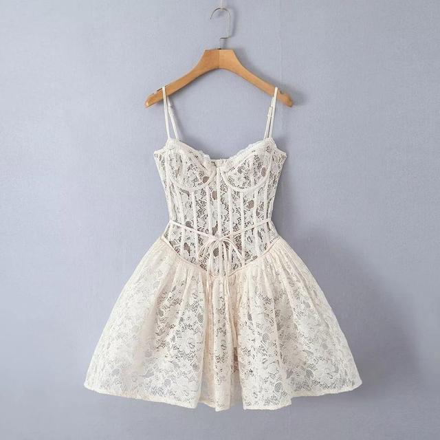 Spaghetti Strap Plain Tie-Waist Lace Mini A-Line Dress Product Image