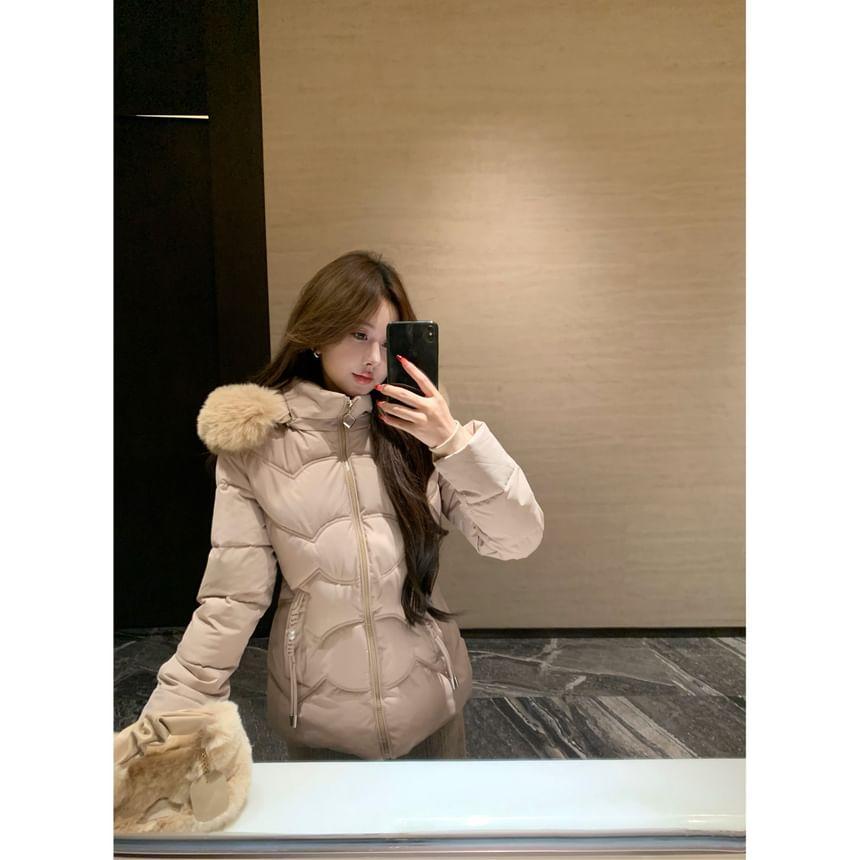 Plain Hooded Fluffy Trim Zip Puffer Jacket Product Image