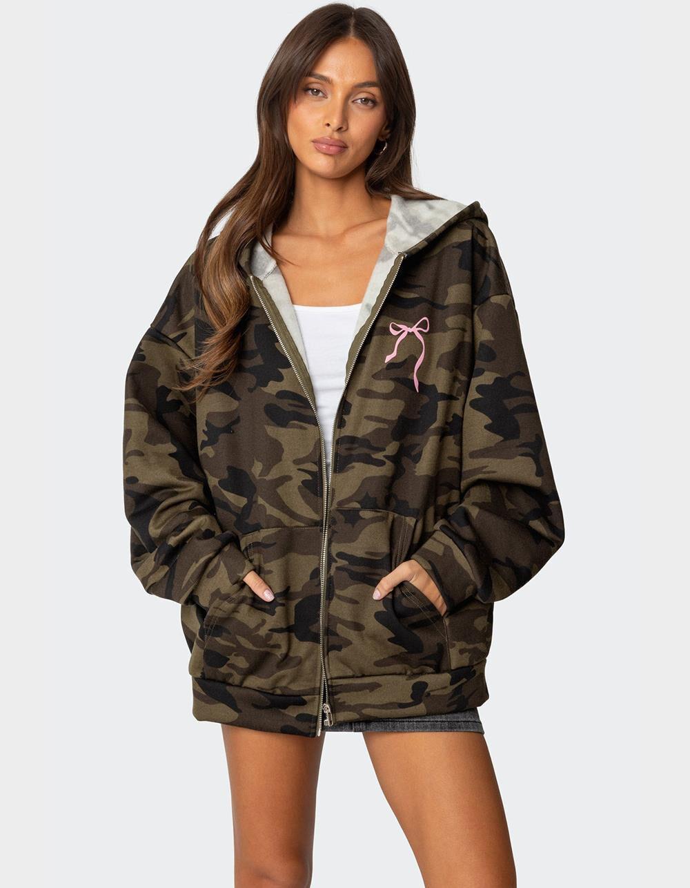 EDIKTED Camo Oversized Bow Detail Hoodie Product Image