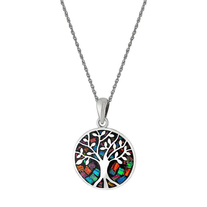 Athra NJ Inc Sterling Silver Simulated Opal Tree of Life Medallion Pendant Necklace, Womens Silver Tone Product Image