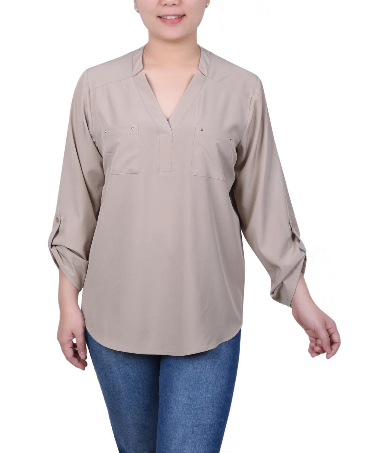 Ny Collection Petite Roll Tab Sleeve Blouse with Pockets Product Image