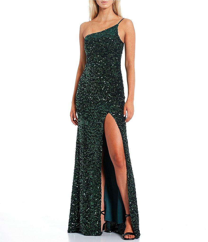 Midnight Doll Velvet Sequin One Shoulder Front Slit Long Dress Product Image