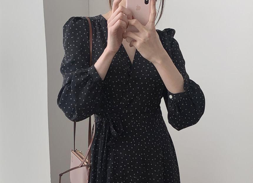 Long-Sleeve V-Neck Dotted Tie Waist Midi A-Line Wrap Dress Product Image