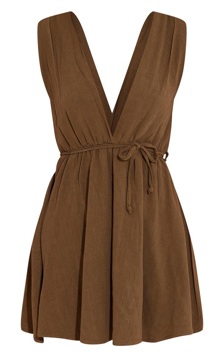 Khaki Linen Look Wrap Tie Sleeveless Shift Dress Product Image