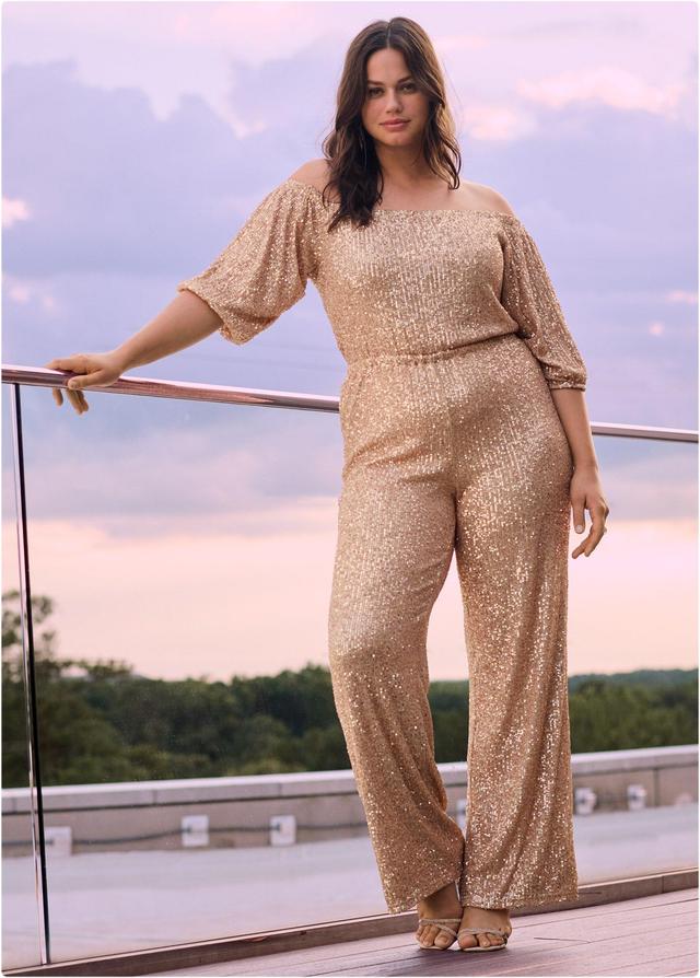 Off-Shoulder Sequin Jumpsuit - Rose Gold Product Image