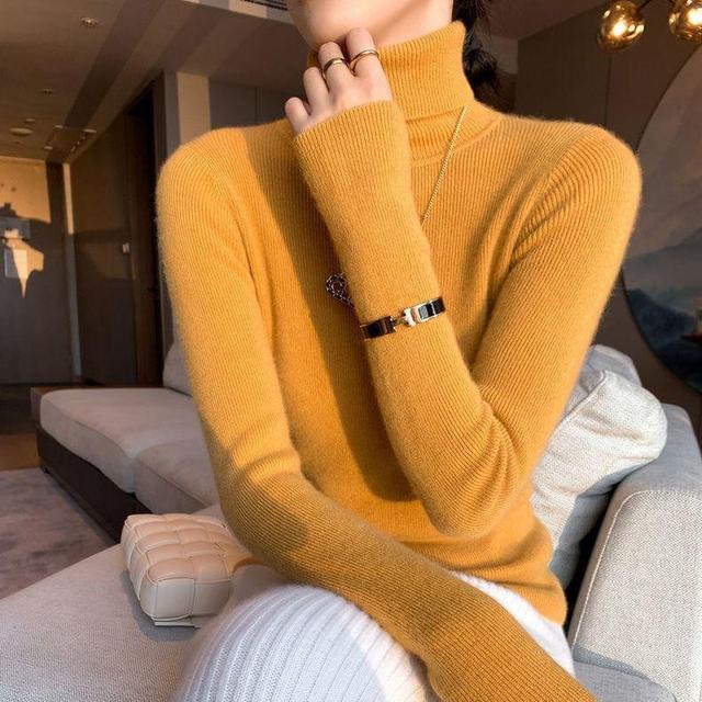 Turtleneck Long Sleeve Plain Ribbed Knit Top Product Image