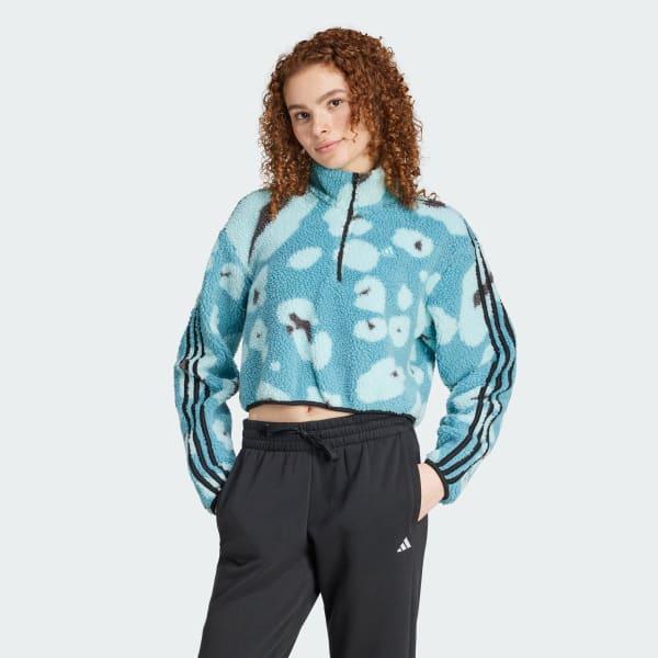 Essentials 3-Stripes Animal Print High Pile Cropped 1/4 Zip Top Product Image