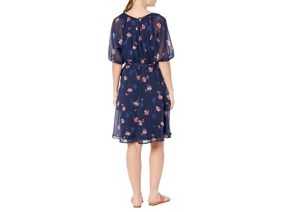 DKNY Puff Sleeve V-Neck Belted Dress (Shadow Floral 7858/Spring Navy/Melon Multi) Women's Clothing Product Image