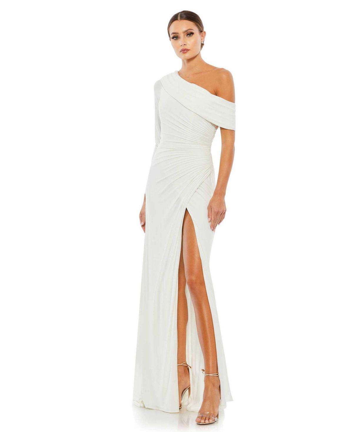 Mac Duggal Foldover Neck One-Shoulder Jersey Gown Product Image