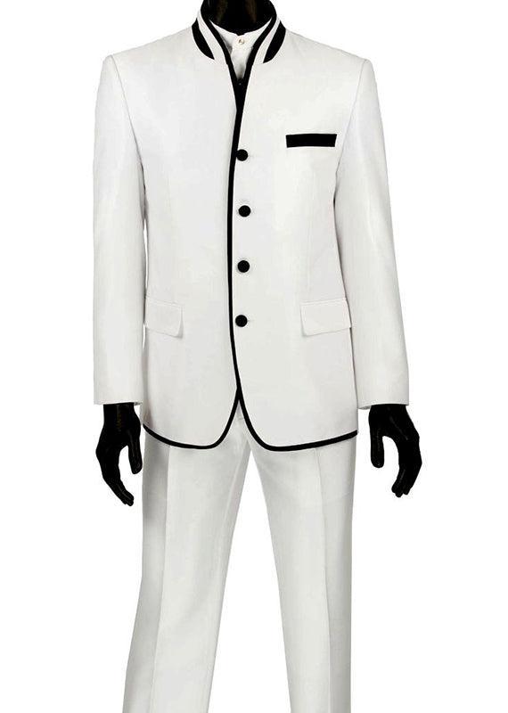 Oriental Collection - Banded Collar Slim Fit Suit Shiny Sharkskin 2 Piece White Product Image