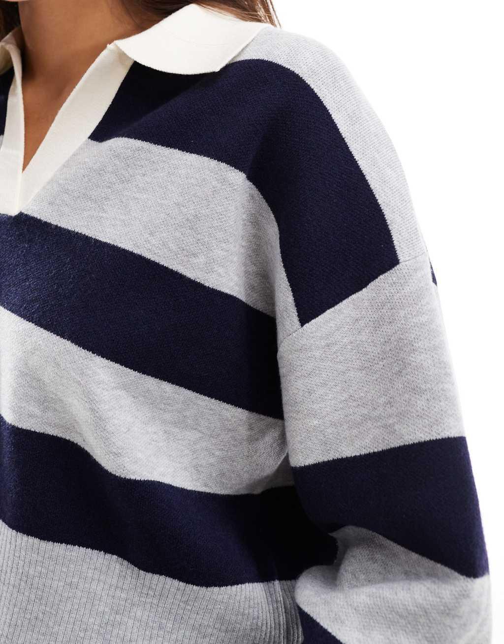 Bershka striped polo neck sweater in gray Product Image