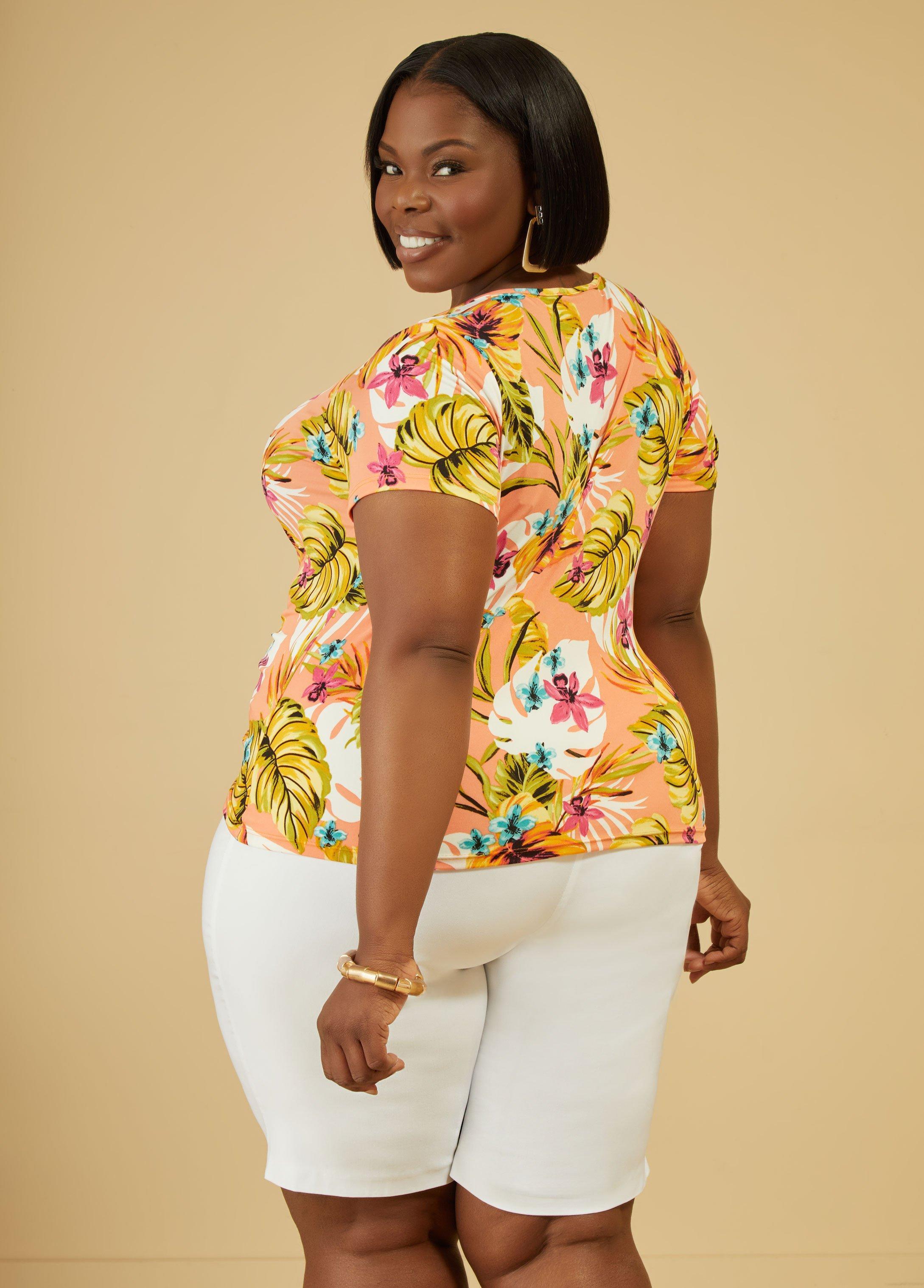 Plus Size Floral Drawstring Knit Top Ashley Stewart Product Image