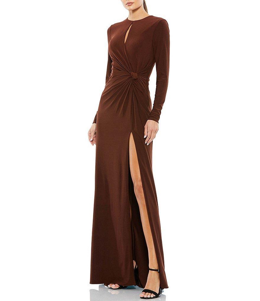 Mac Duggal Long Sleeve Keyhole Crew Neck Knot Waist Gown Product Image