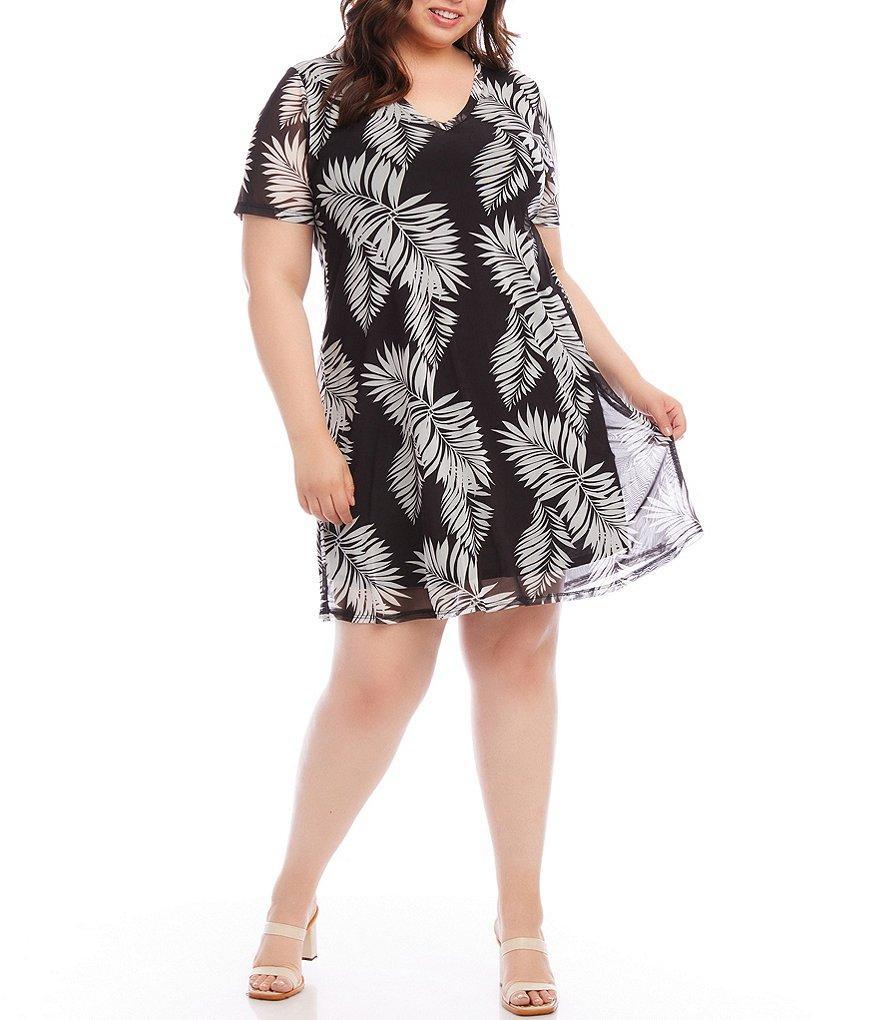 Plus Size Palm Leaf Print V-Neck Short Sleeve A-Line Mesh Dress Product Image