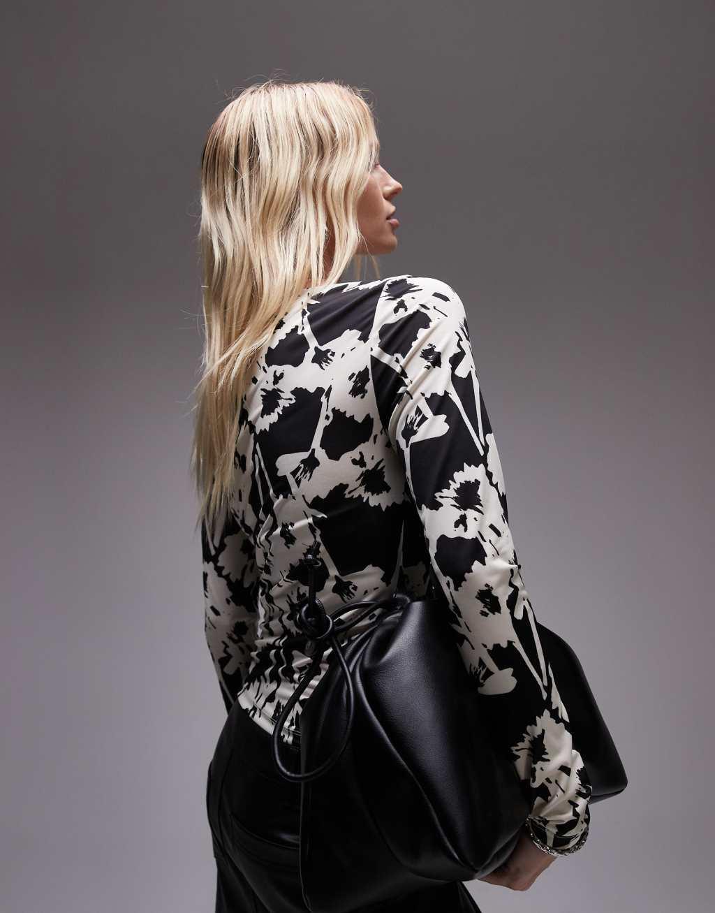 Topshop microfiber abstract all-over floral long sleeve top in mono Product Image