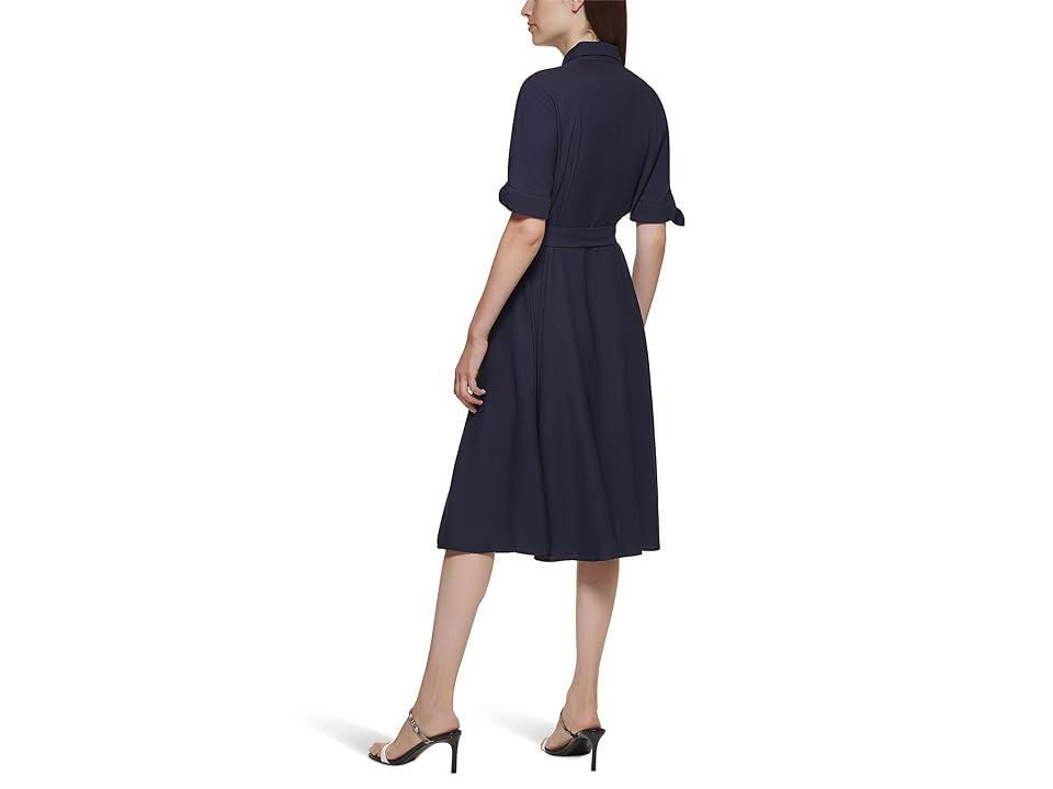 Calvin Klein Dot Crepe Shirt Dress with Short Sleeve Tie Detail (Indigo) Women's Dress Product Image