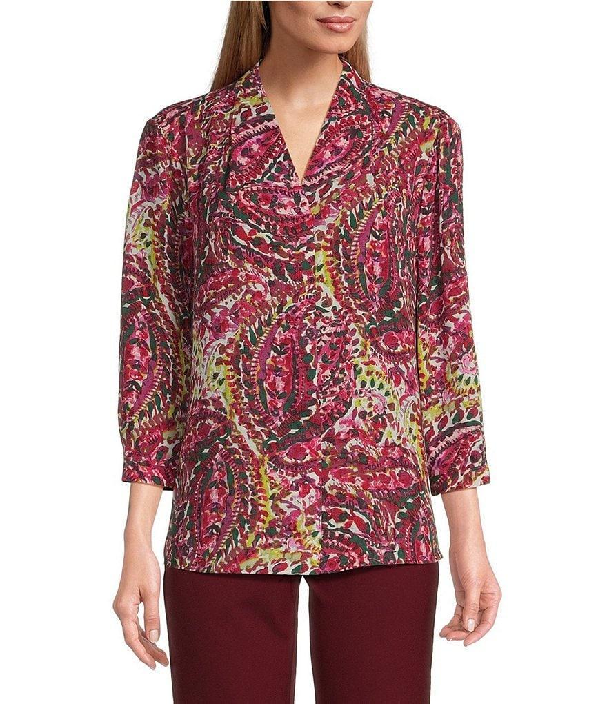 Investments Caroline Signature Elegant Paisley Print V-Neck 3/4 Sleeve Button Front Top Product Image