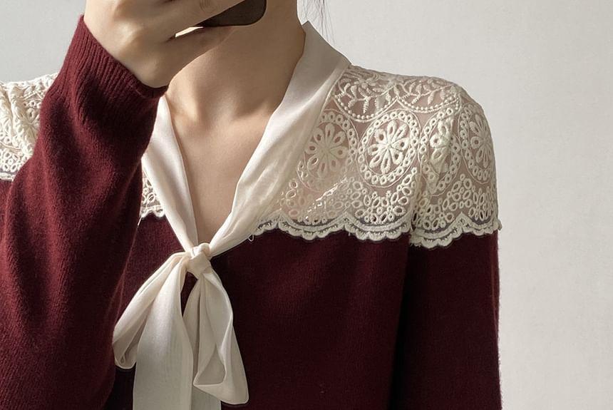 Tie-Neck Lace Panel Cardigan Product Image