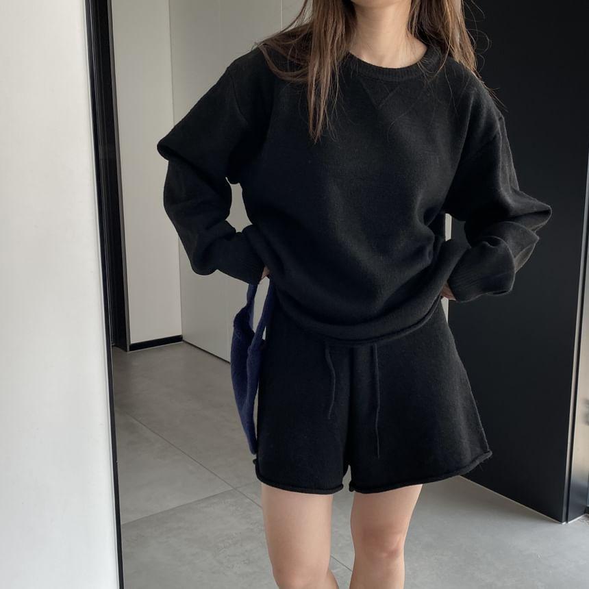 Set: Round Neck Plain Oversized Sweater + High Waist Shorts Product Image