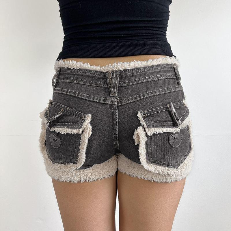 Low Waist Furry-Trim Mini Denim Shorts Product Image