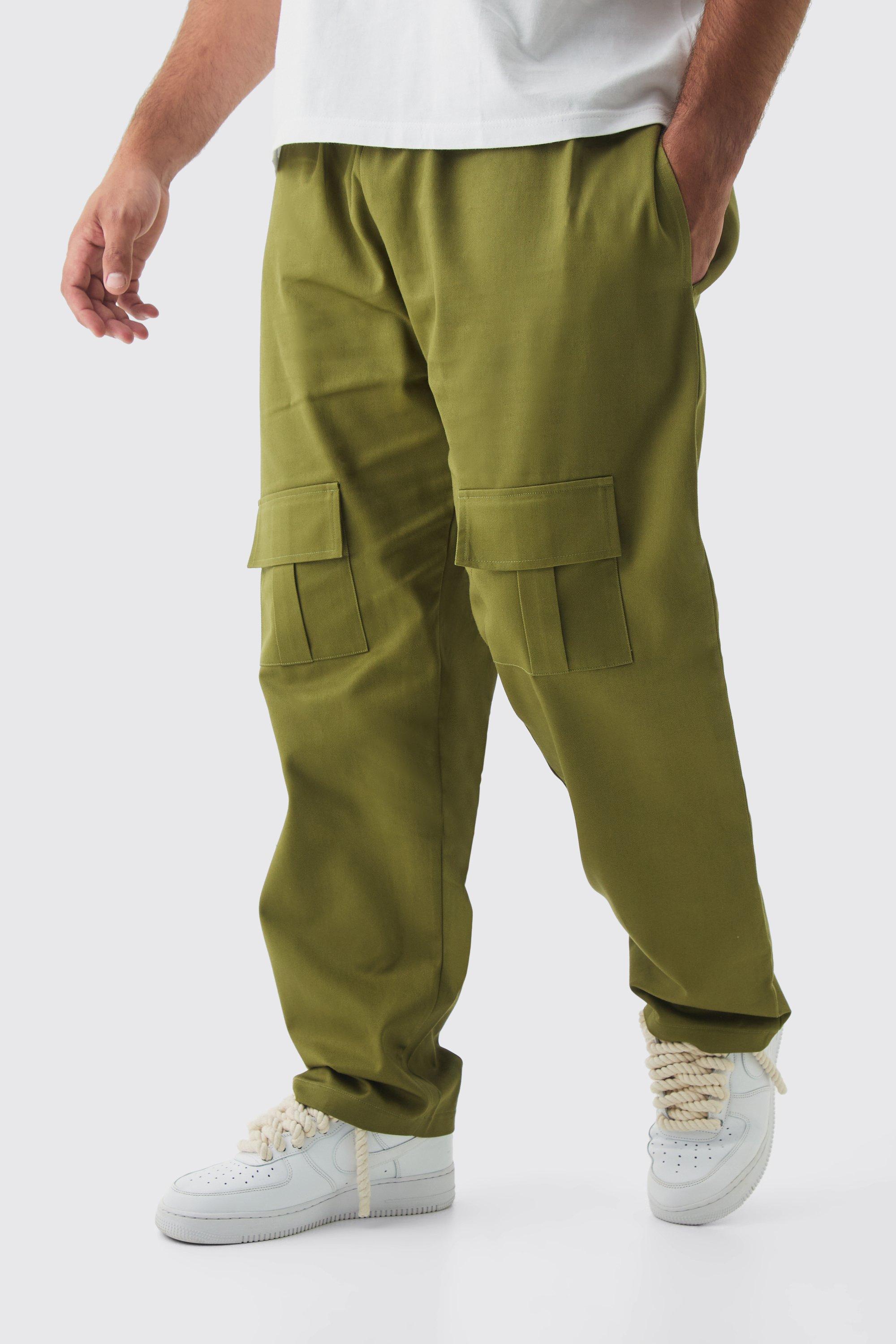 Mens Green Plus Straight Fit Front Pocket Twill Overdyed Cargo Trouser, Green Product Image