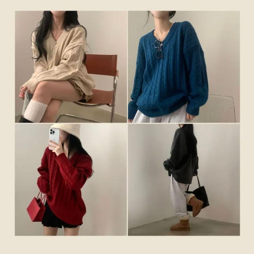 V-Neck Plain Cable-Knit Oversized Sweater Product Image