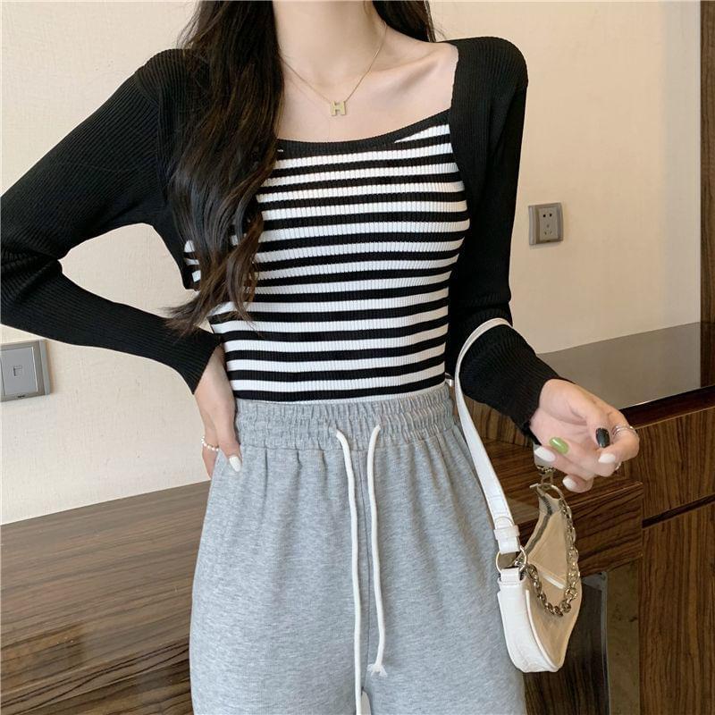 Square Neck Striped Panel Cropped Sweater Product Image