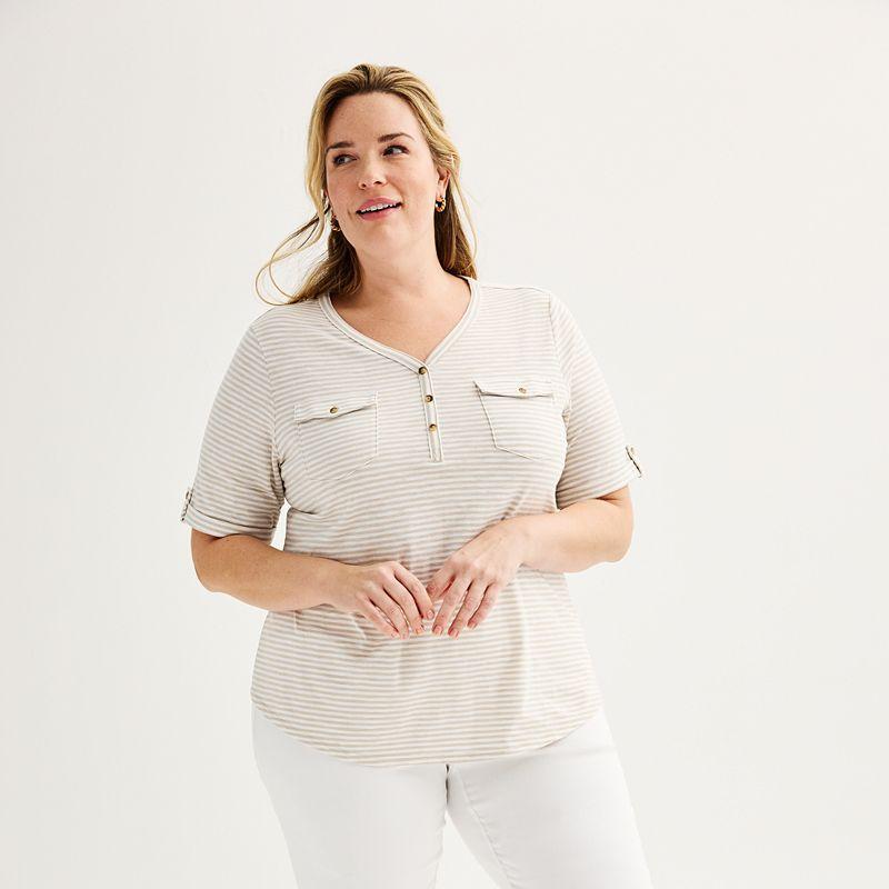 Plus Croft & Barrow Elbow Sleeve Utility Henley Top, Womens Product Image