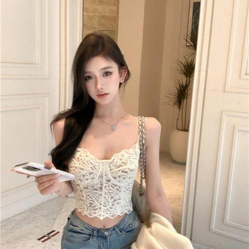 Flower Embroidered Lace Cropped Bustier Product Image