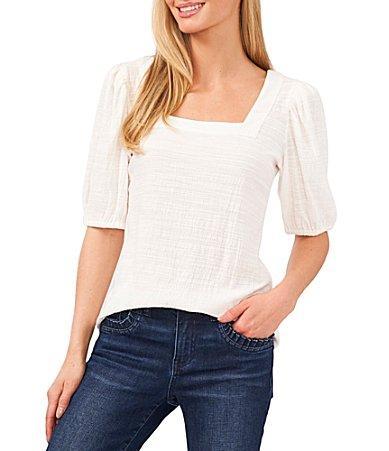 CeCe Womens Short Puff Sleeve Square Neck Knit Top Product Image