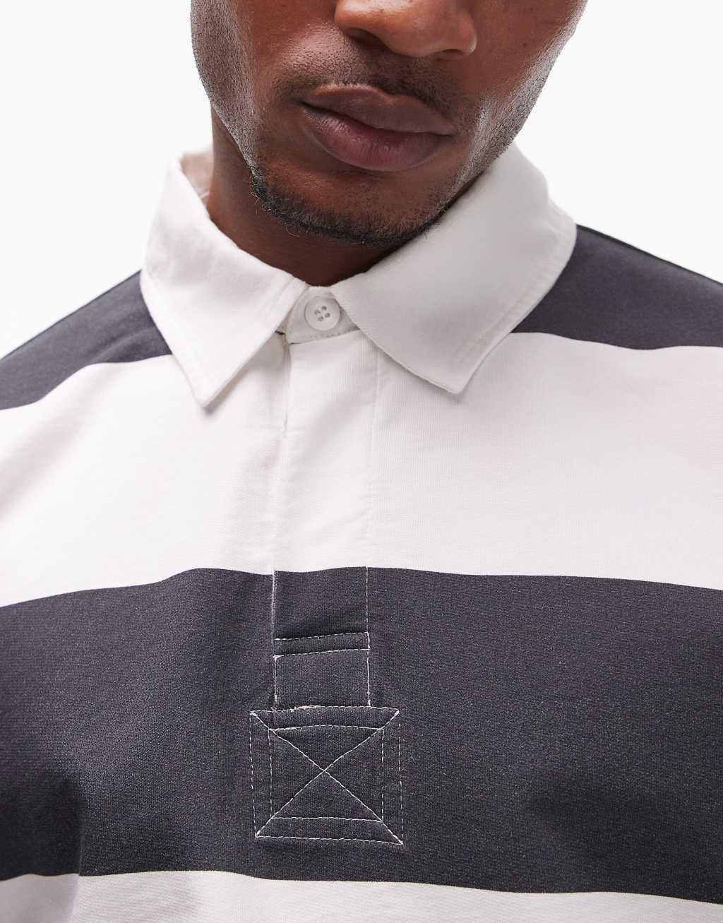 Topman oversized fit stripe polo with woven collar in charcoal Product Image