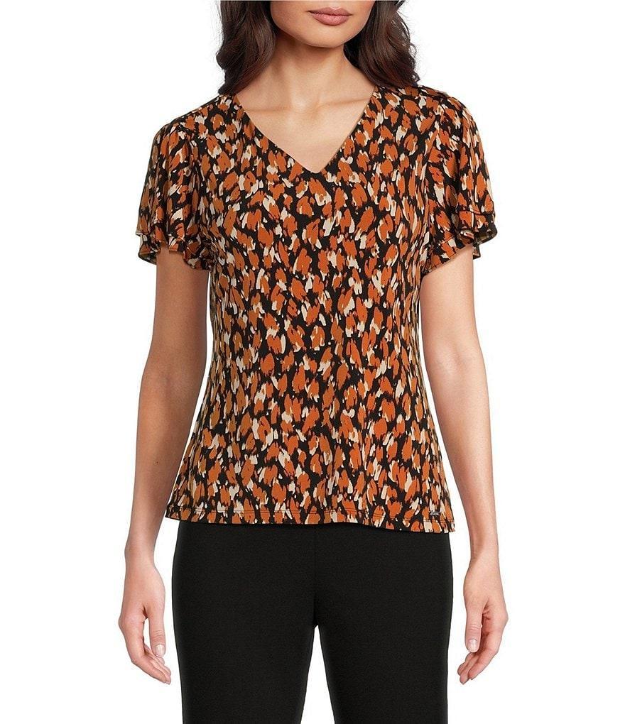 Calvin Klein Printed V Neckline Short Sleeve Top Product Image