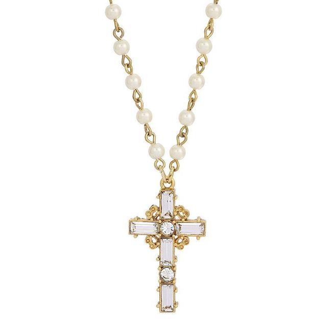 14K Gold Dipped Crystal Cross Imitation Pearl Chain Necklace Product Image