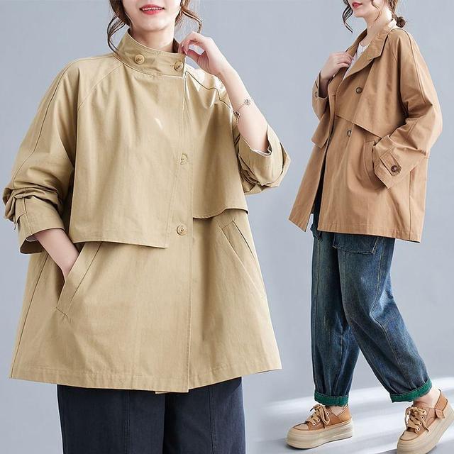 Stand Collar Plain Single-Breasted Trench Jacket Product Image