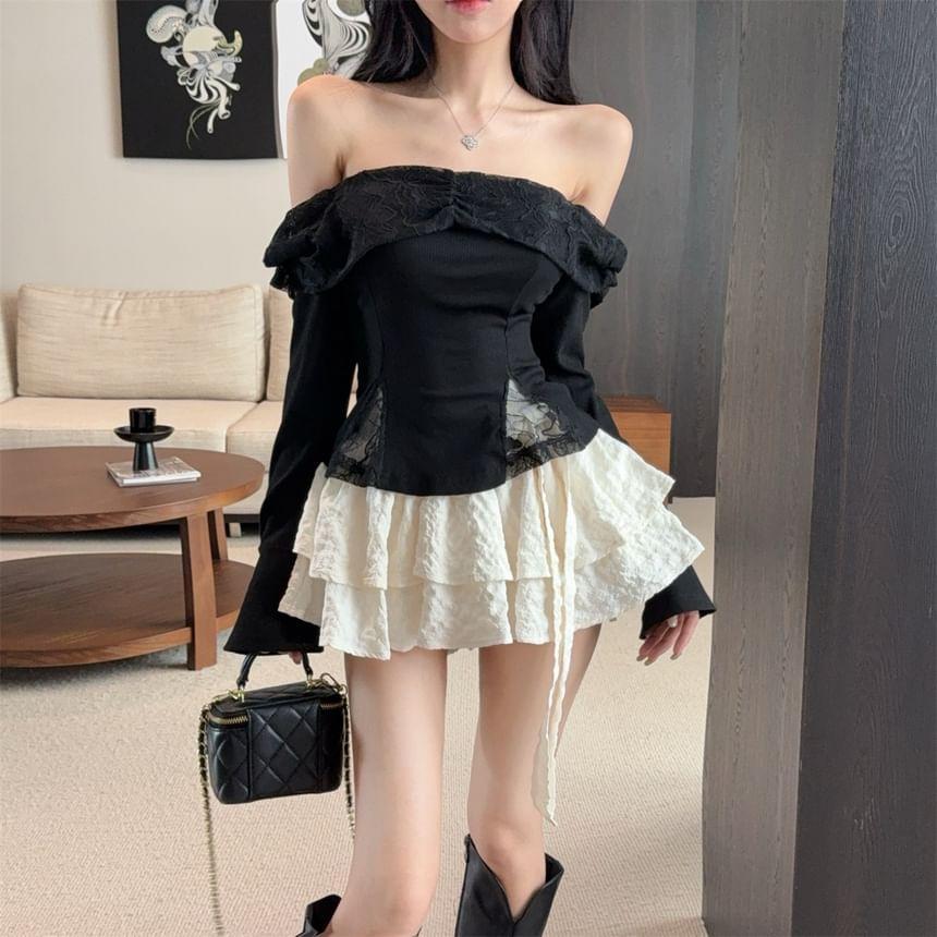 Long-Sleeve Off-Shoulder Plain Lace Trim Tee / High Rise Tiered Mini A-Line Skirt Product Image