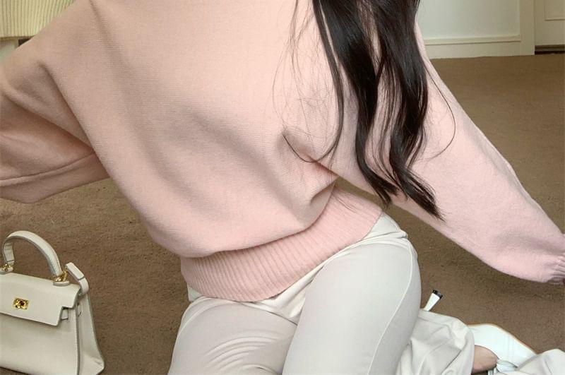 Puff-Sleeve One-Shoulder Plain Sweater Product Image