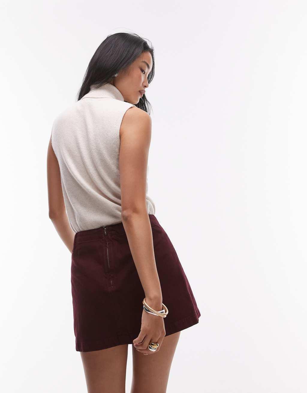 Topshop denim box pleat mini skirt in burgundy Product Image