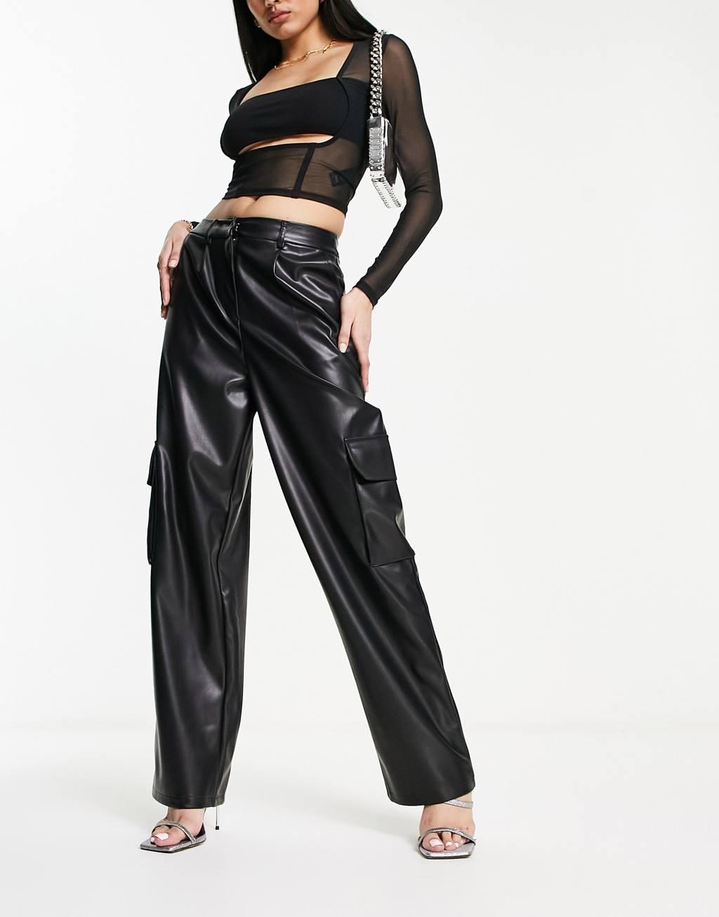 Miss Selfridge faux leather wide leg cargo pants Product Image