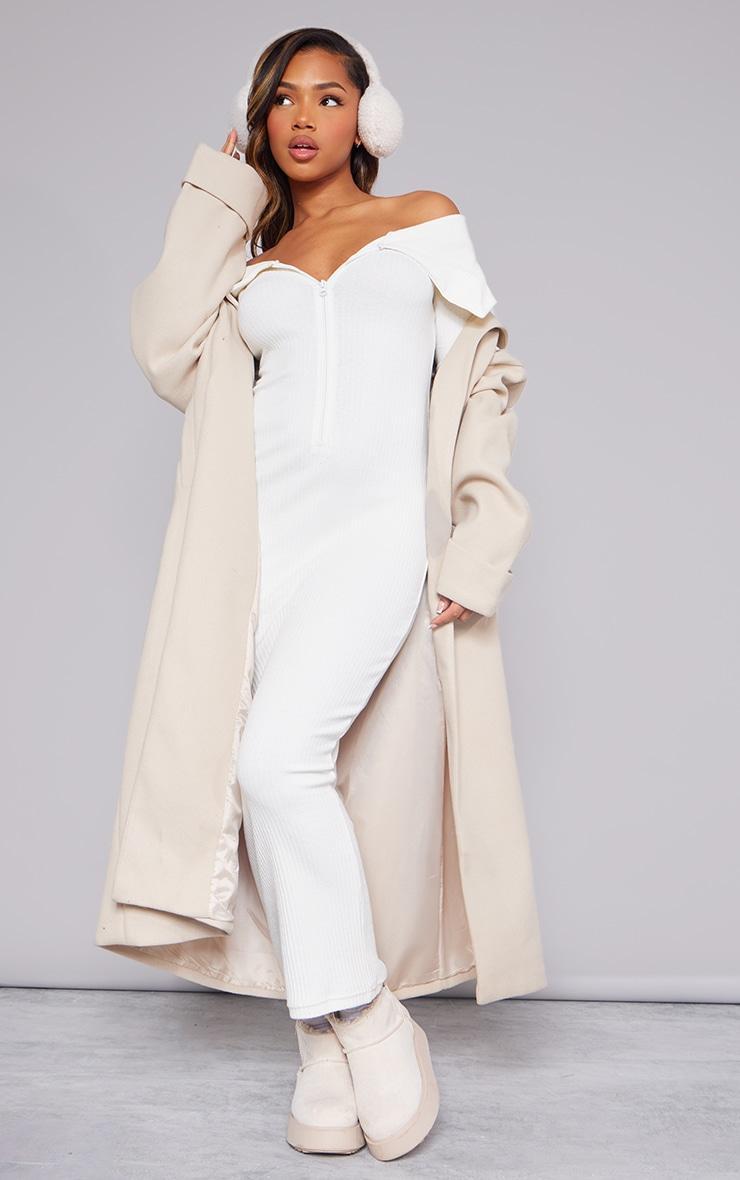 Cream Heavy Rib Fold Over Bardot Midaxi Dress Product Image